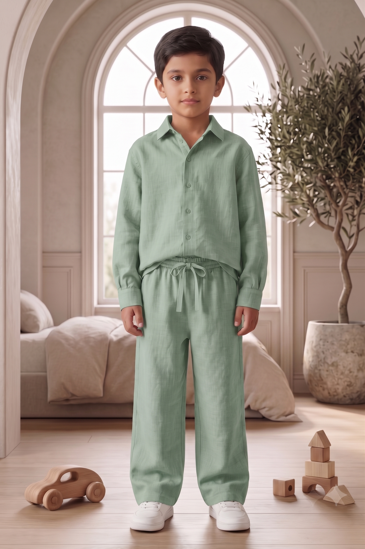 Kids Sage Green Linen Shirt & Trouser Co-ord Set | Premium Summer Wear
