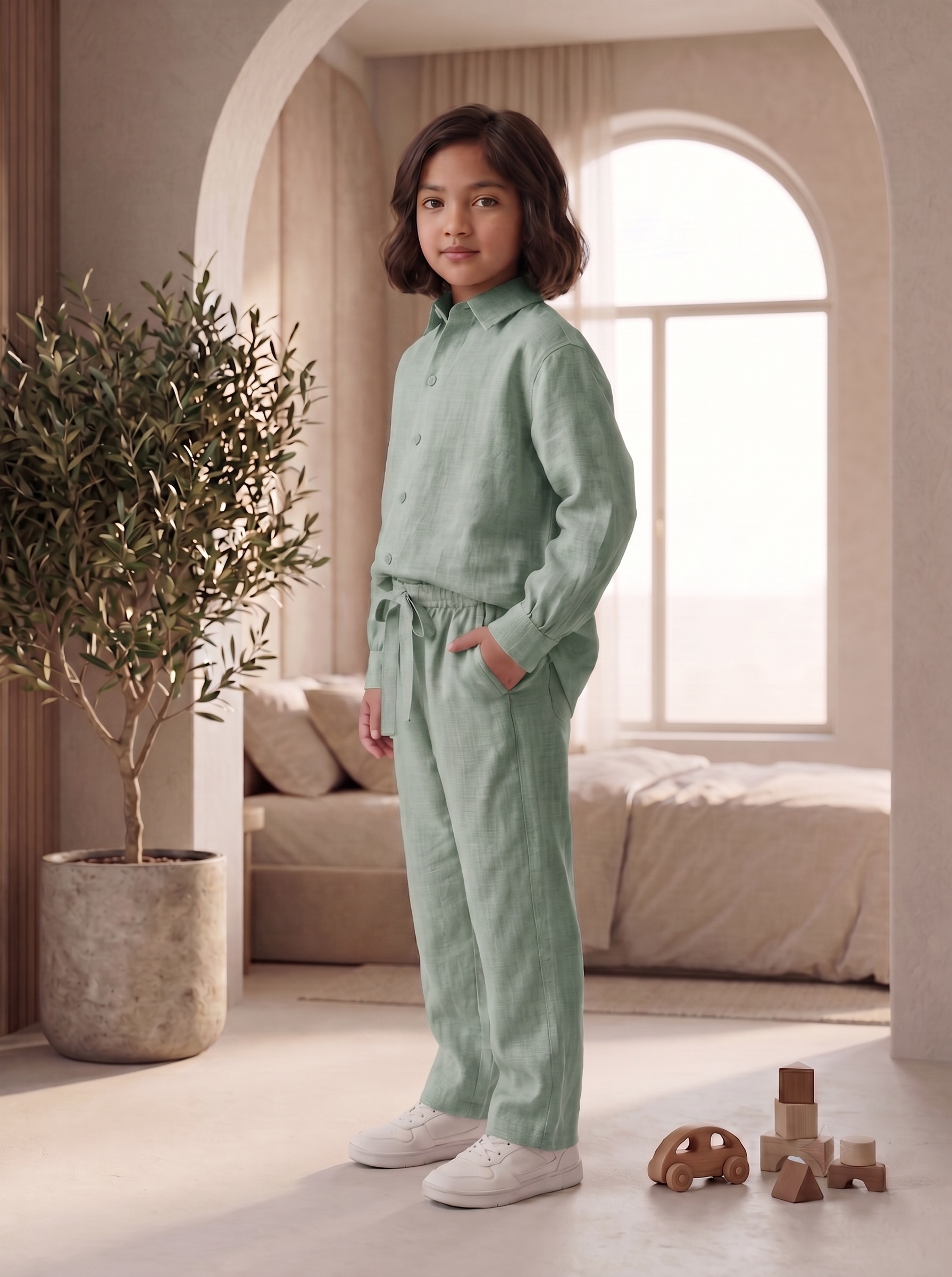 Kids Sage Green Linen Co-ord Set | Premium Summer Wear