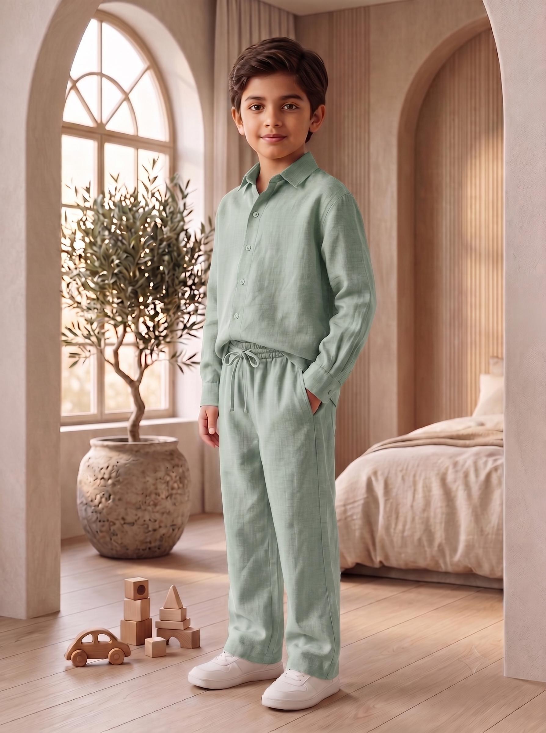 Kids Sage Green Linen Co-ord Set | Premium Summer Wear
