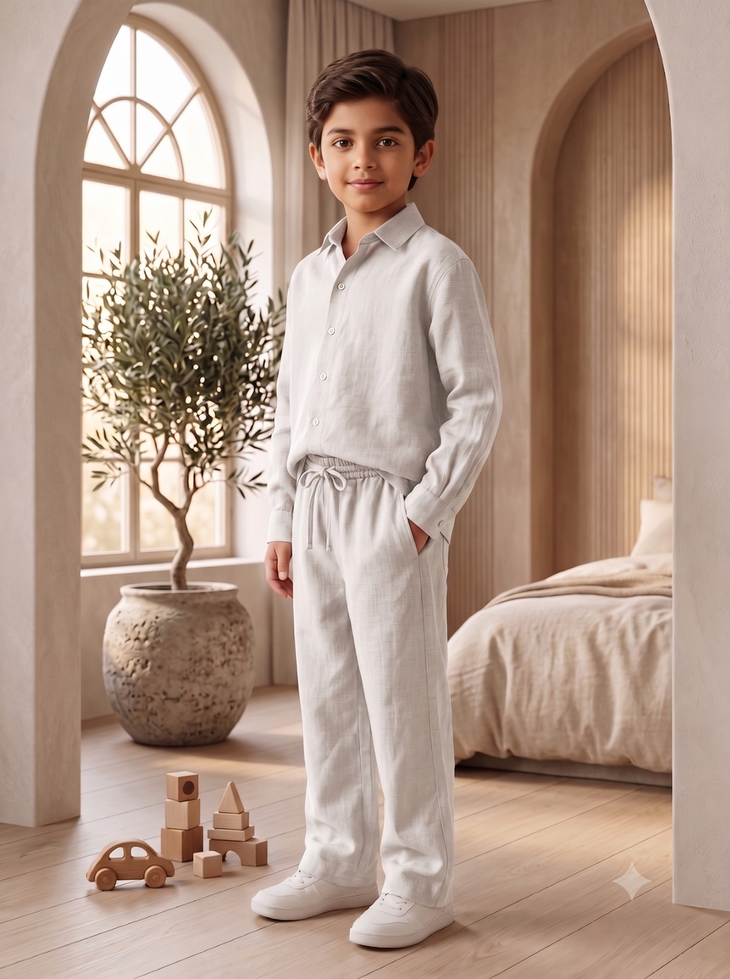 Kids White Linen Shirt & Trouser Co-ord Set | Premium Summer Wear