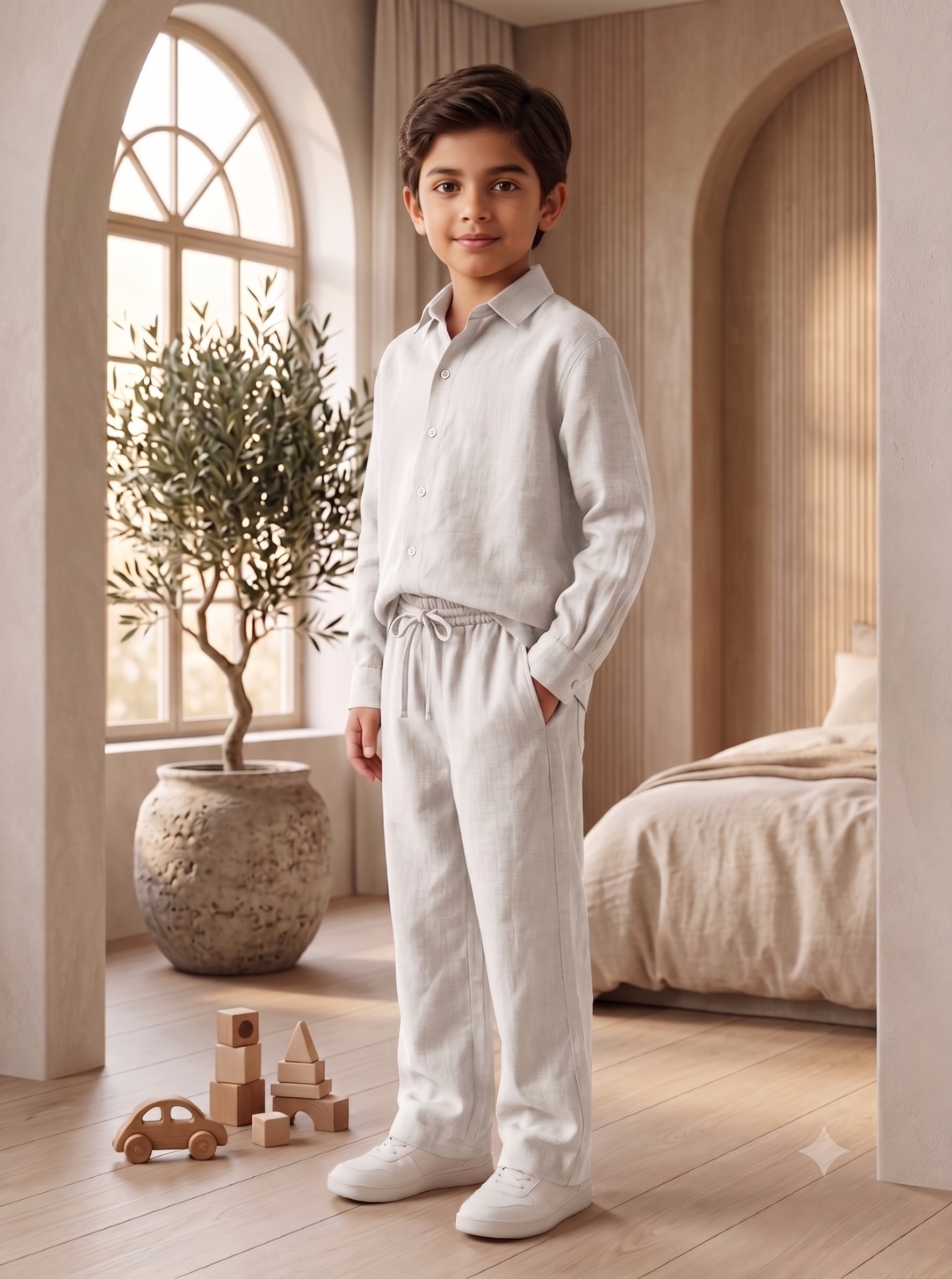 Kids White Linen Shirt & Trouser Co-ord Set | Premium Summer Wear