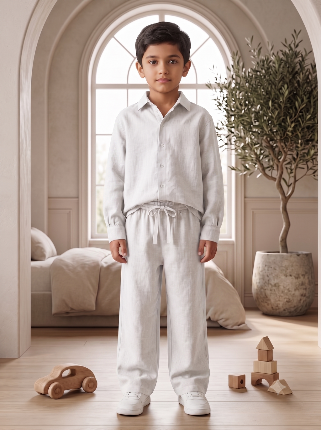 Kids White Linen Shirt & Trouser Co-ord Set | Premium Summer Wear