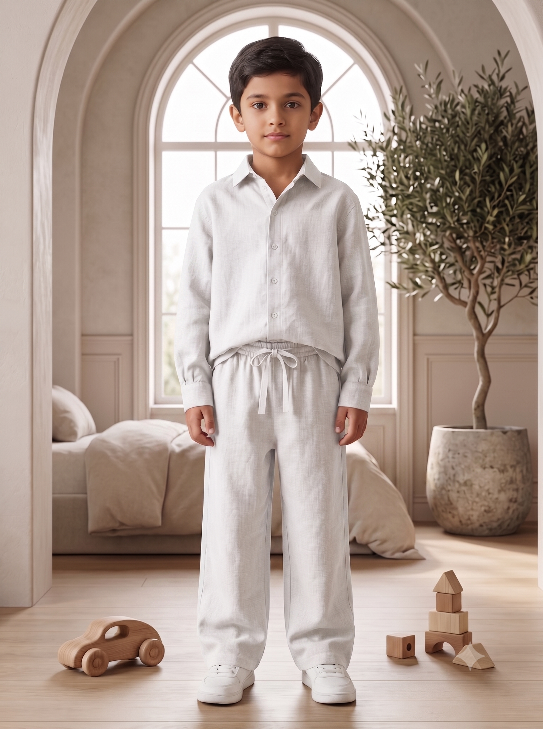 Kids White Linen Shirt & Trouser Co-ord Set | Premium Summer Wear