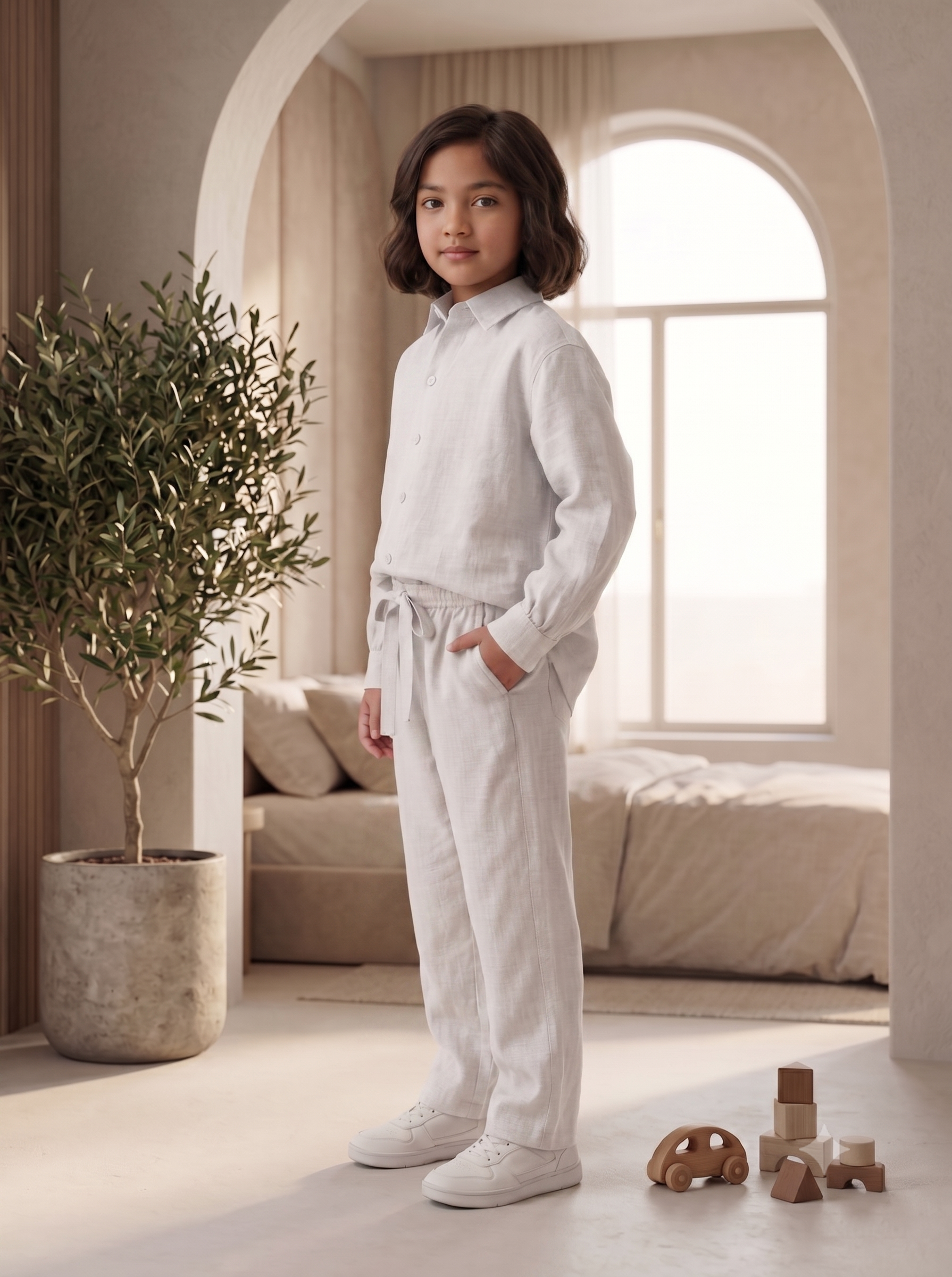 Kids White Linen Shirt & Trouser Co-ord Set | Premium Summer Wear