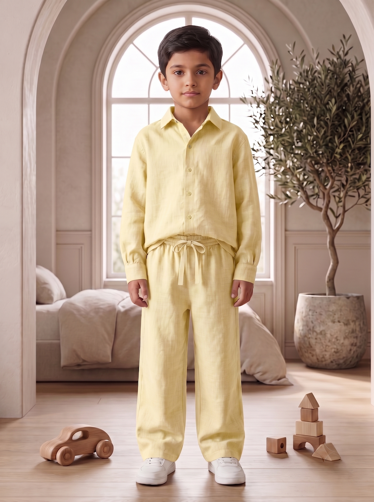 Kids Yellow Linen Shirt & Trouser Co-ord Set | Premium Summer Wear