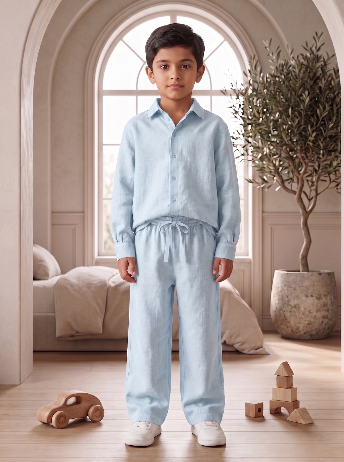 Kids Sky Blue Linen Shirt & Trouser Co-ord Set | Premium Summer Wear