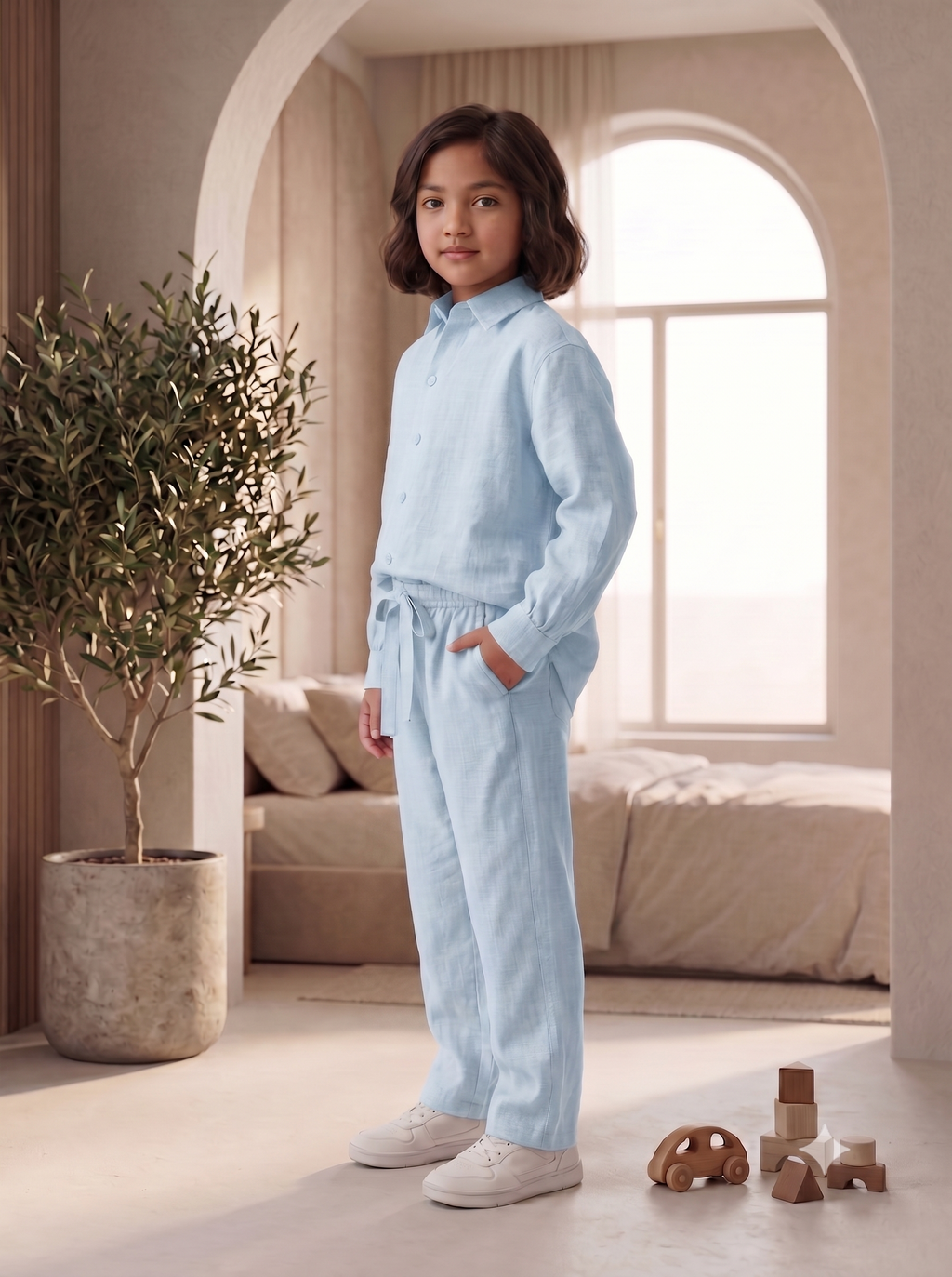 French Cuff Kids Sky Blue Linen Co-ord Set | Premium Summer Wear
