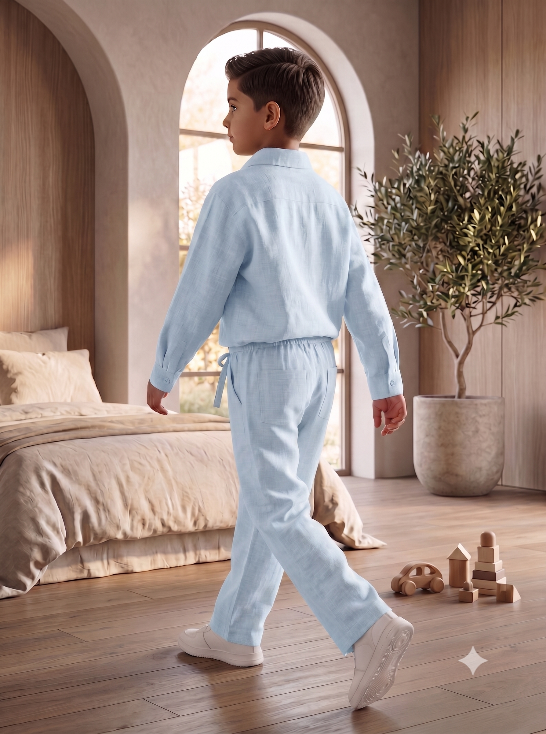 French Cuff Kids Sky Blue Linen Co-ord Set | Premium Summer Wear