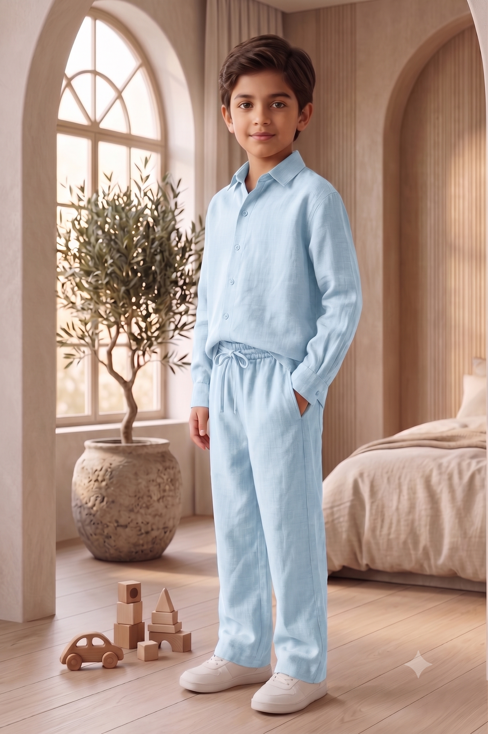 French Cuff Kids Sky Blue Linen Co-ord Set | Premium Summer Wear