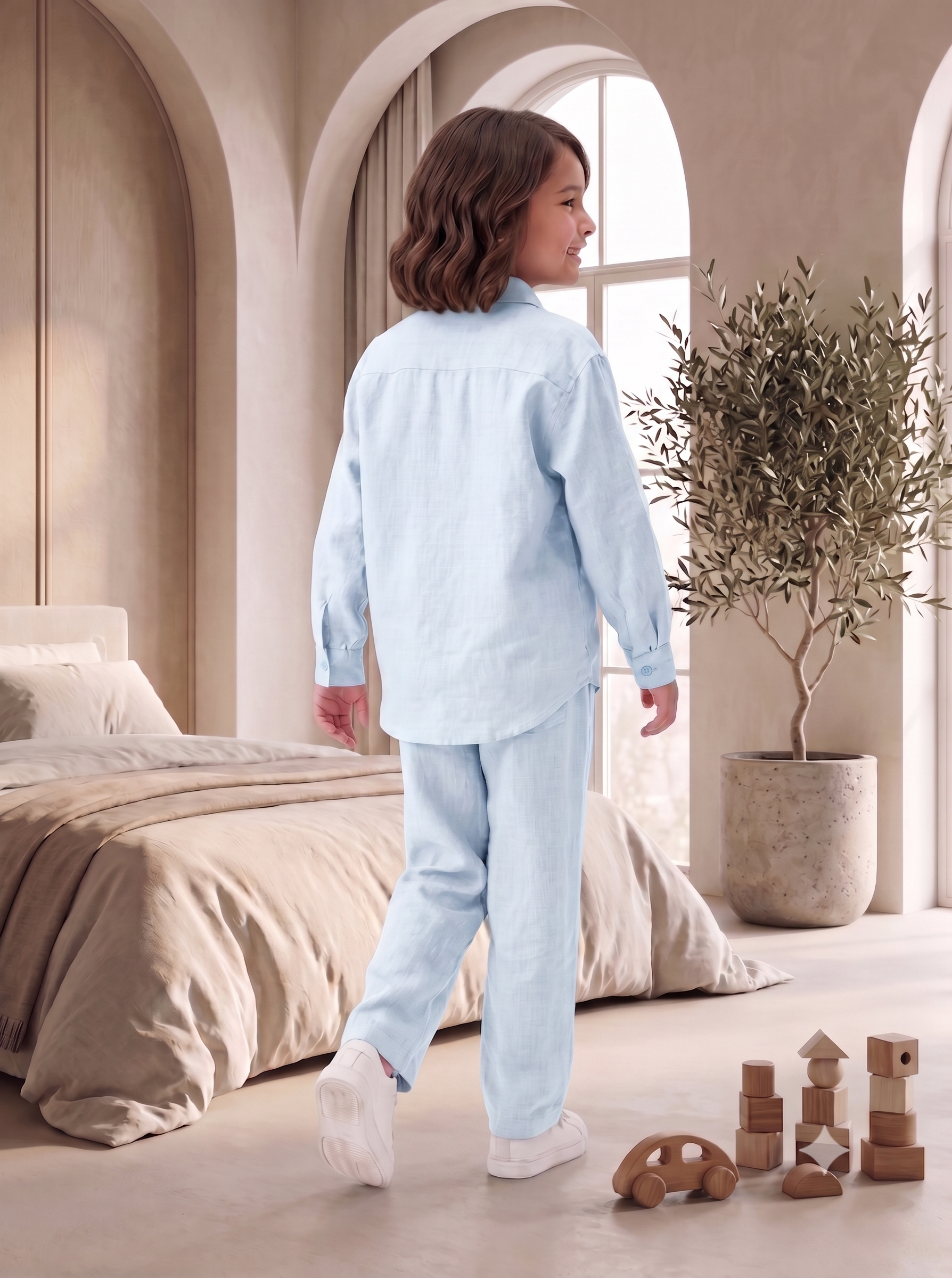 French Cuff Kids Sky Blue Linen Co-ord Set | Premium Summer Wear