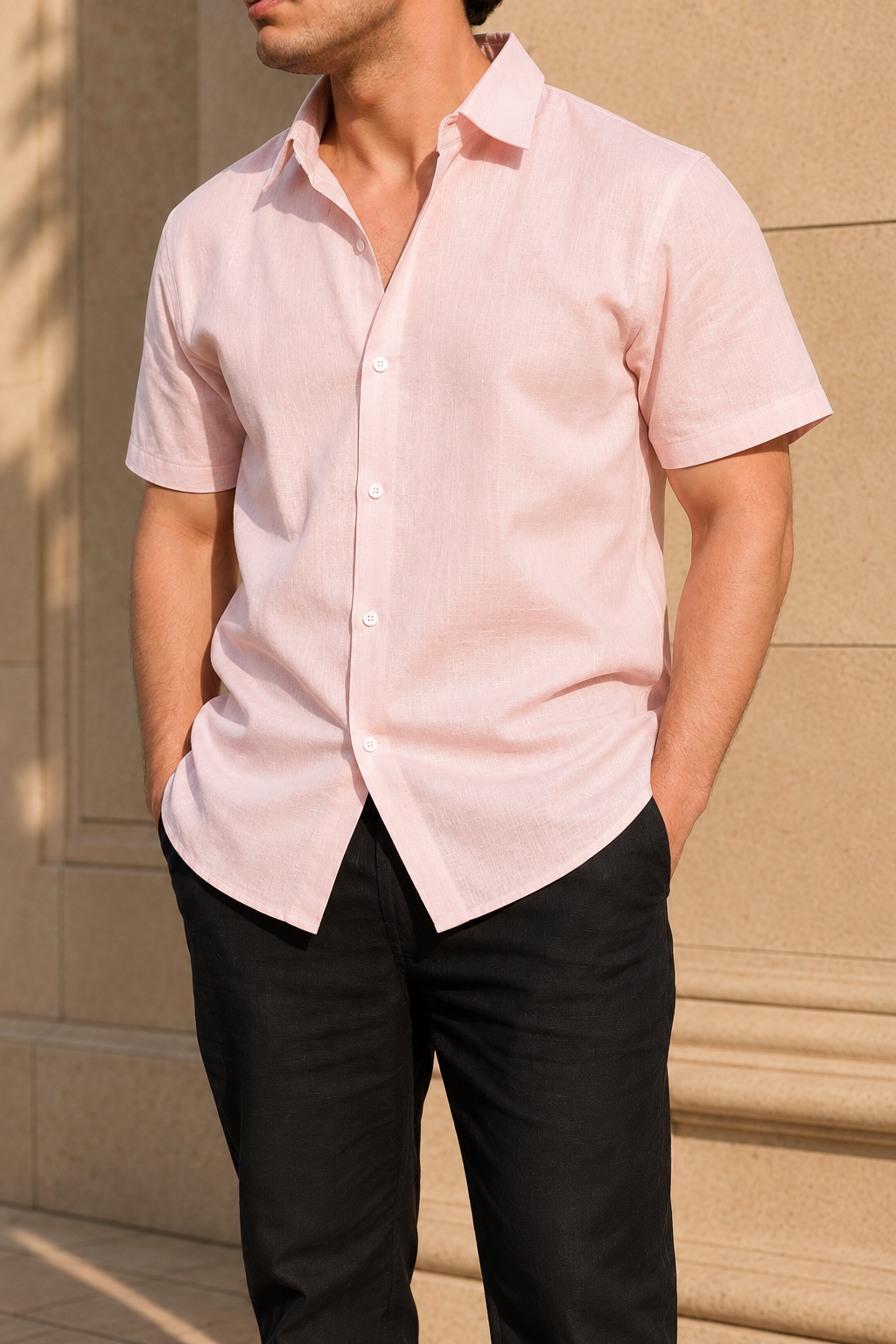 Half Sleeve Belgium Linen Pair For Men | Powder Pink Linen Shirt with Black Linen Pant