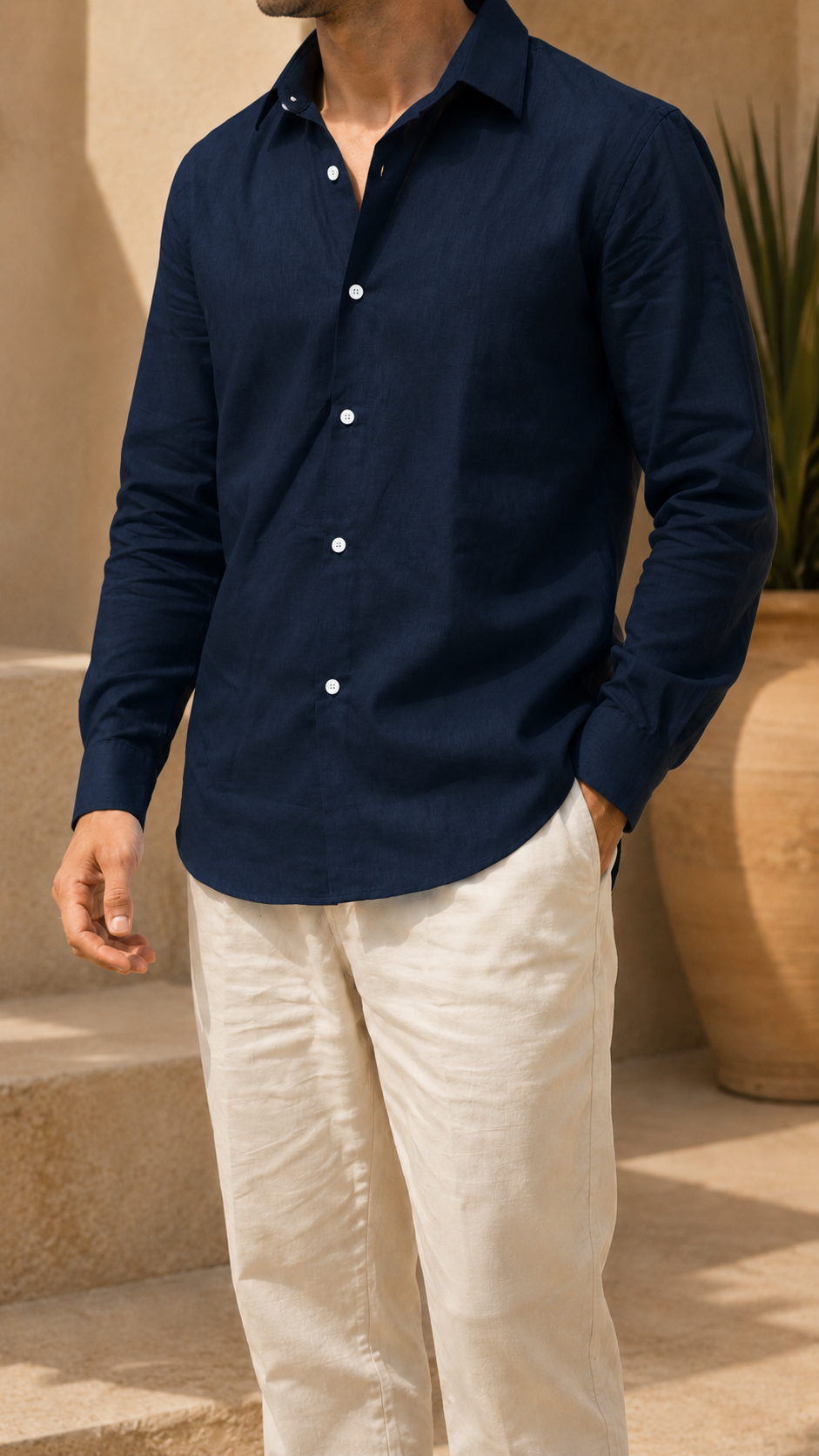 Full Sleeve Men's Pure Linen Navy Blue Shirt | Summer Wear