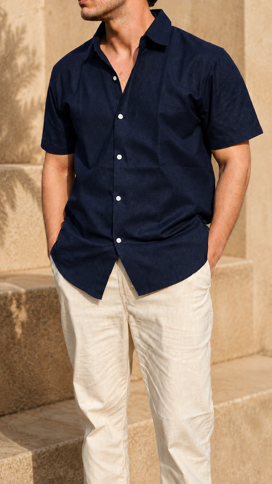 Half Sleeve Belgium Linen Pair For Men | Navy Blue Linen Shirt with Beige Linen Pant by frenchcuff
