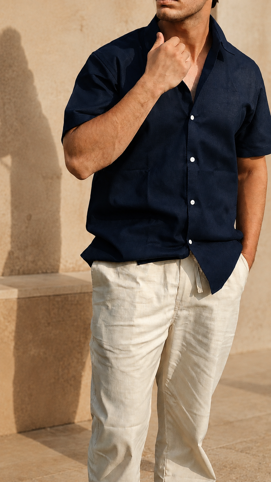 Half Sleeve Belgium Linen Pair For Men | Navy Blue Linen Shirt with Beige Linen Pant by frenchcuff