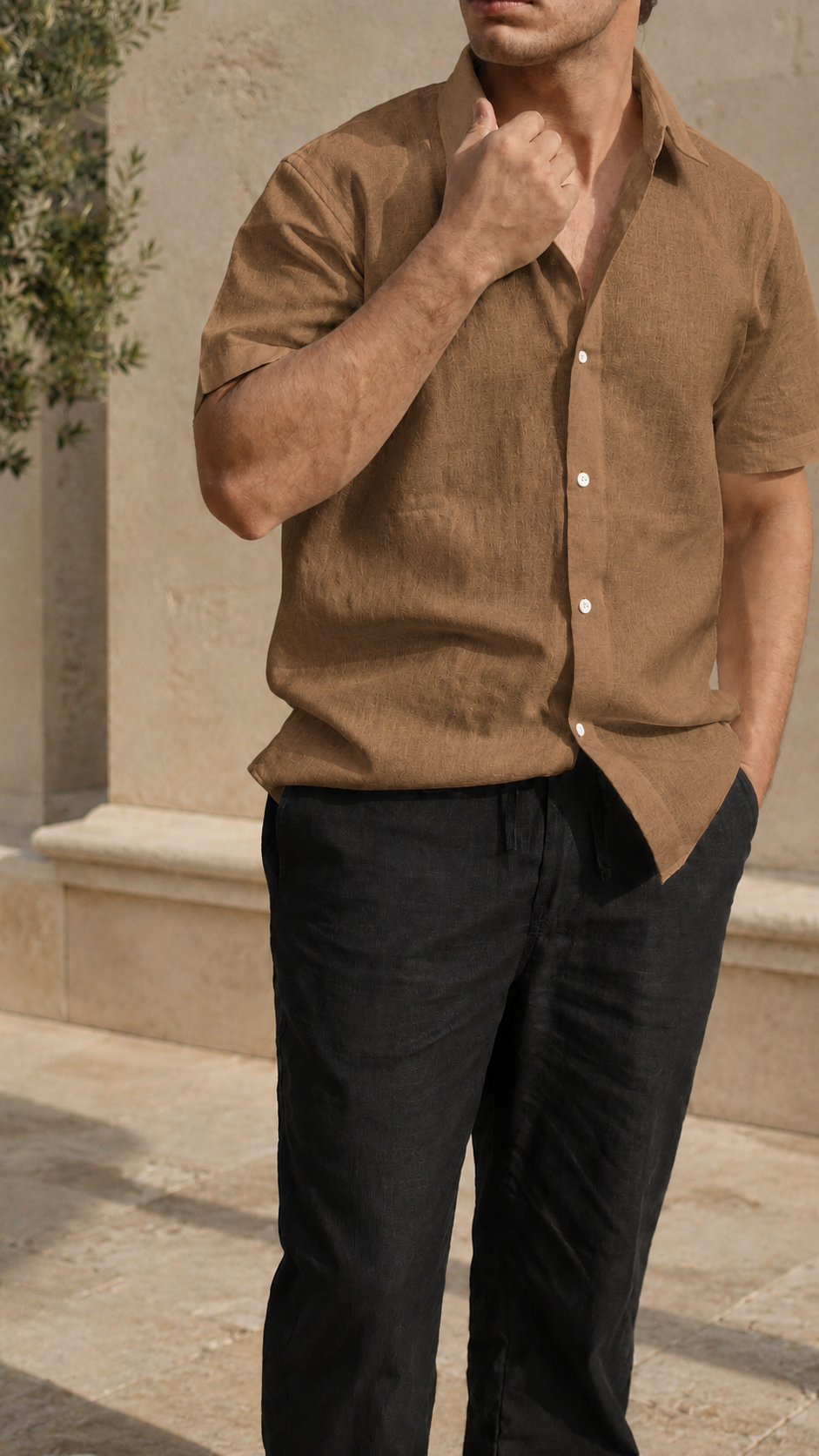 Half Sleeve Belgium Linen Pair For Men | Brown Shirt with Black Linen Pant by frenchcuff