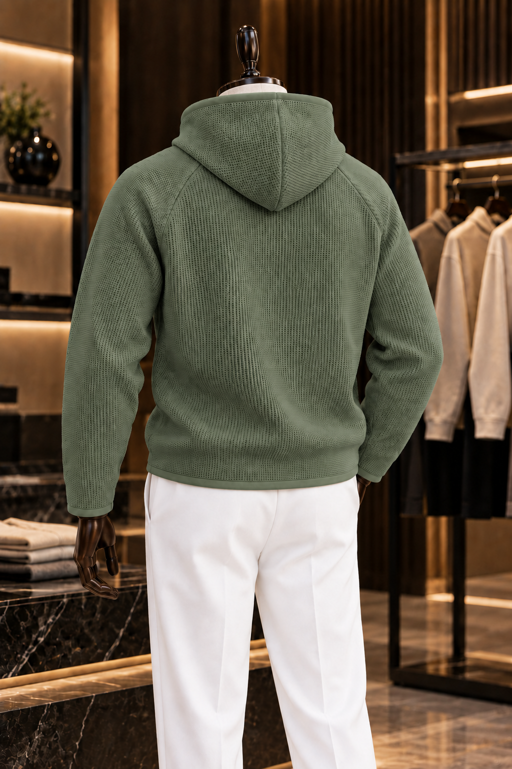 Men’s Green Waffle Knit Hoodie | Cowl Neck Pullover