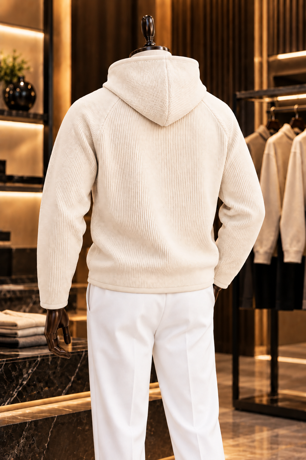 Men’s Off White Waffle Knit Hoodie | Cowl Neck Pullover