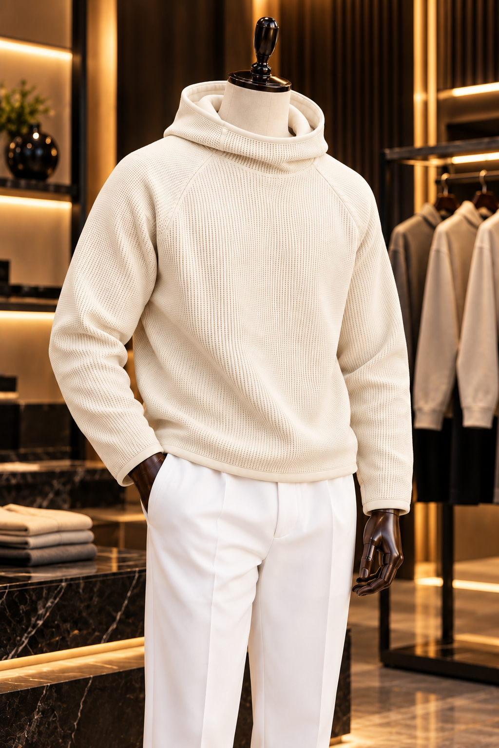 Men’s Off White Waffle Knit Hoodie | Cowl Neck Pullover