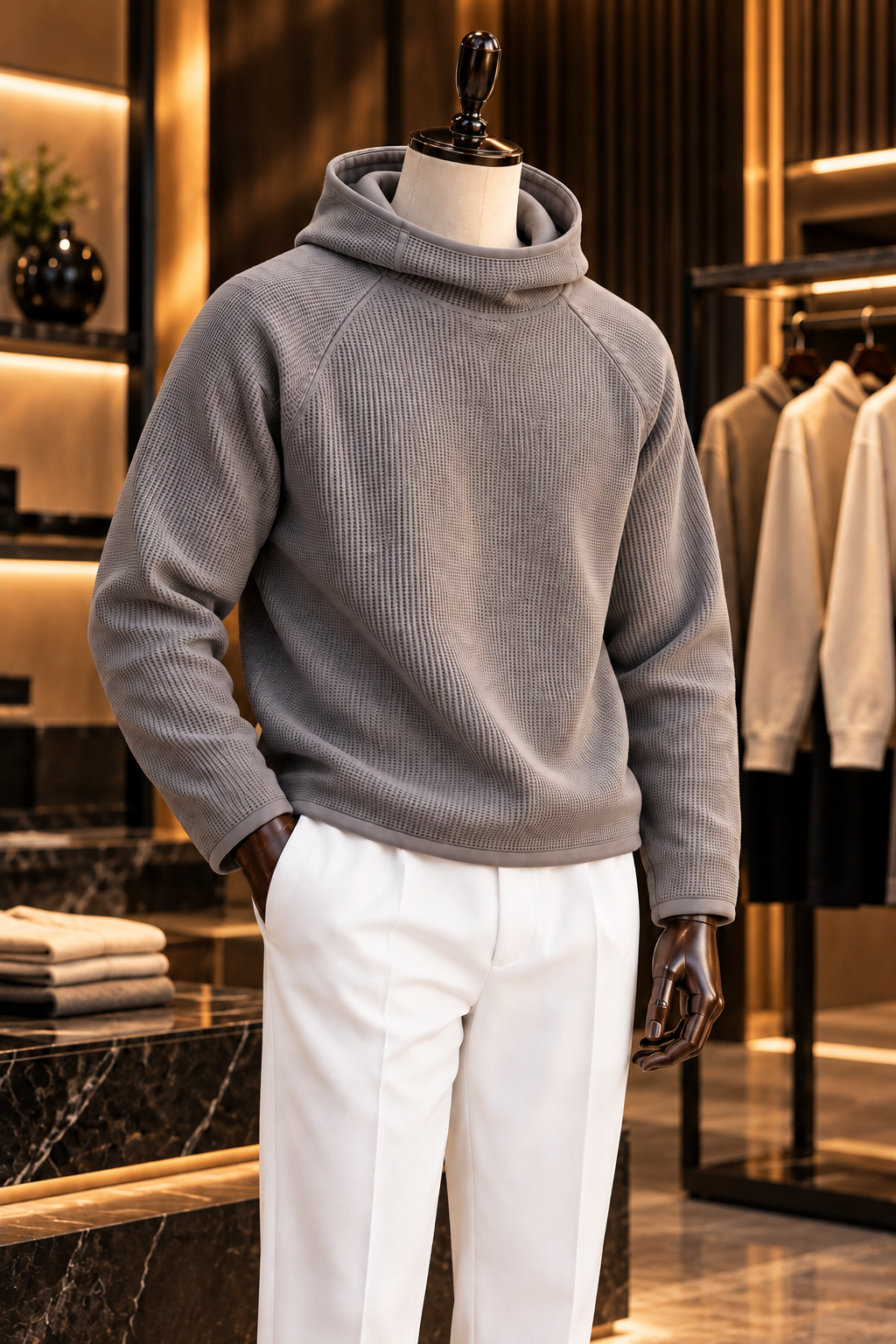 Men’s Grey Waffle Knit Hoodie | Cowl Neck Pullover