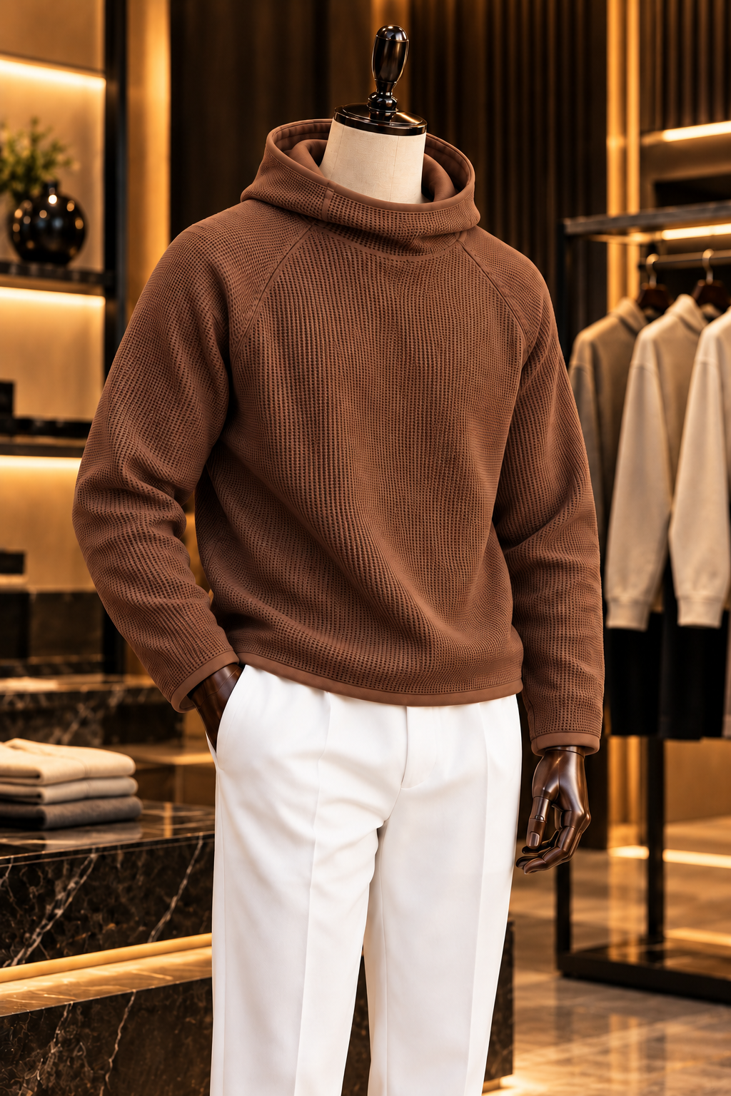 Men’s Brown Waffle Knit Hoodie | Cowl Neck Pullover