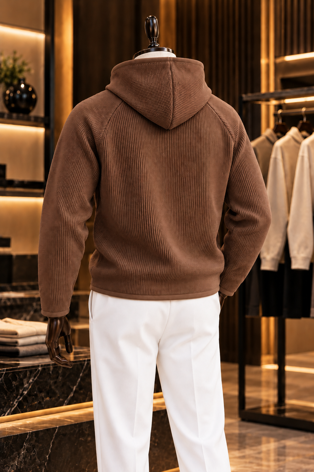 Men’s Brown Waffle Knit Hoodie | Cowl Neck Pullover