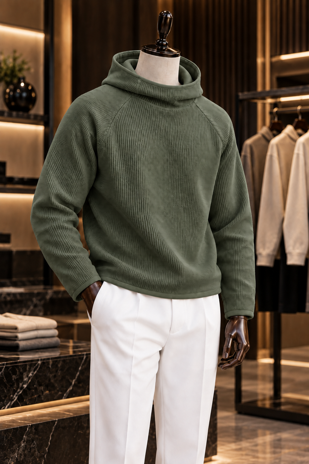 Men’s Green Waffle Knit Hoodie | Cowl Neck Pullover