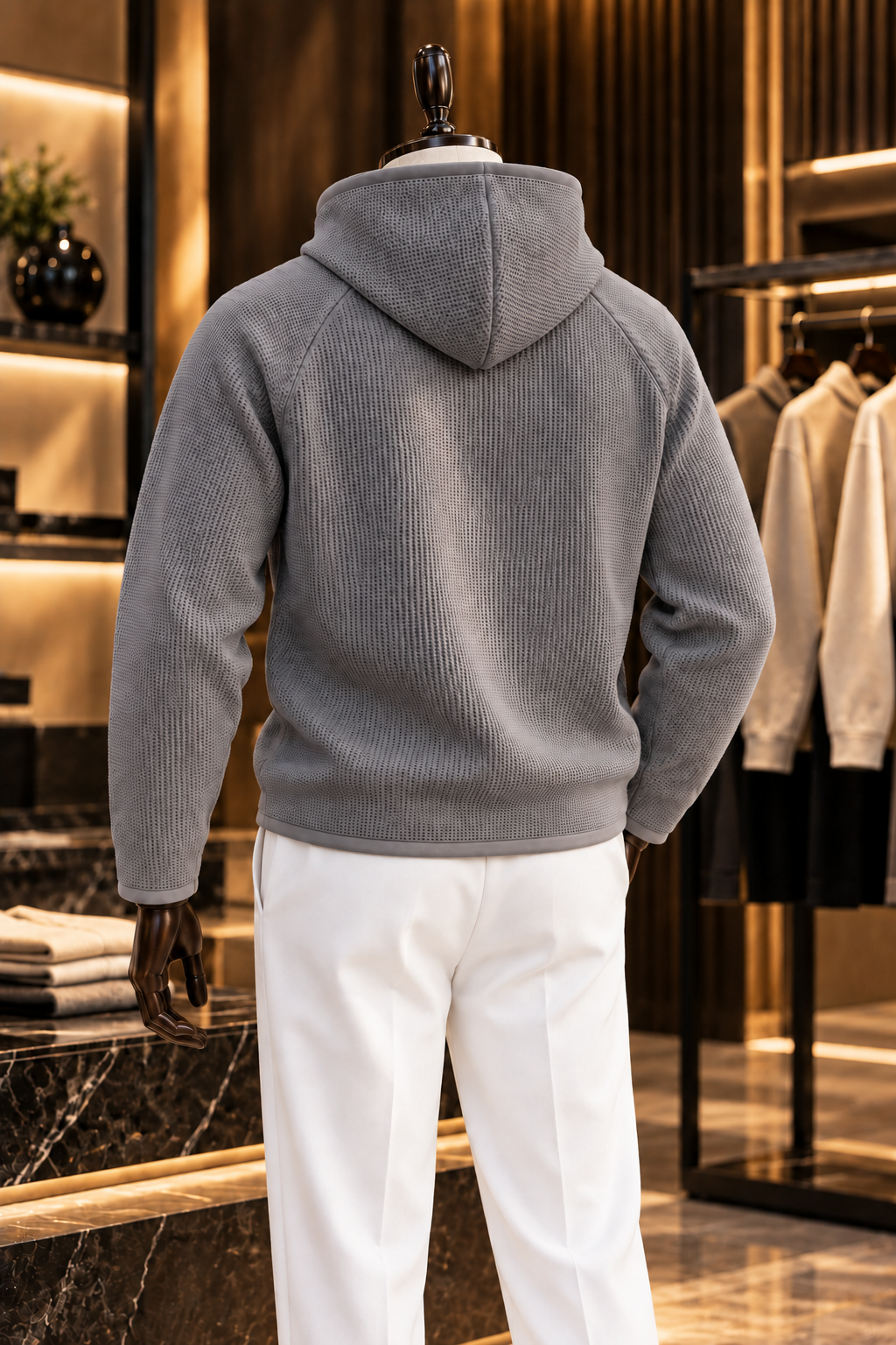 Men’s Grey Waffle Knit Hoodie | Cowl Neck Pullover