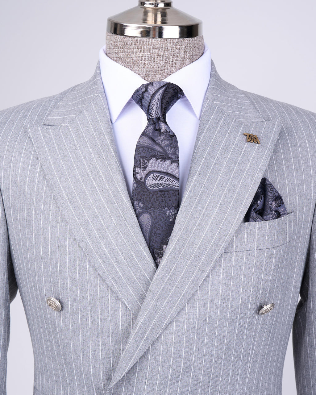 French Cuff Men's Ash Grey Stripe Double Breasted 2-Piece Suit (Limited Edition)