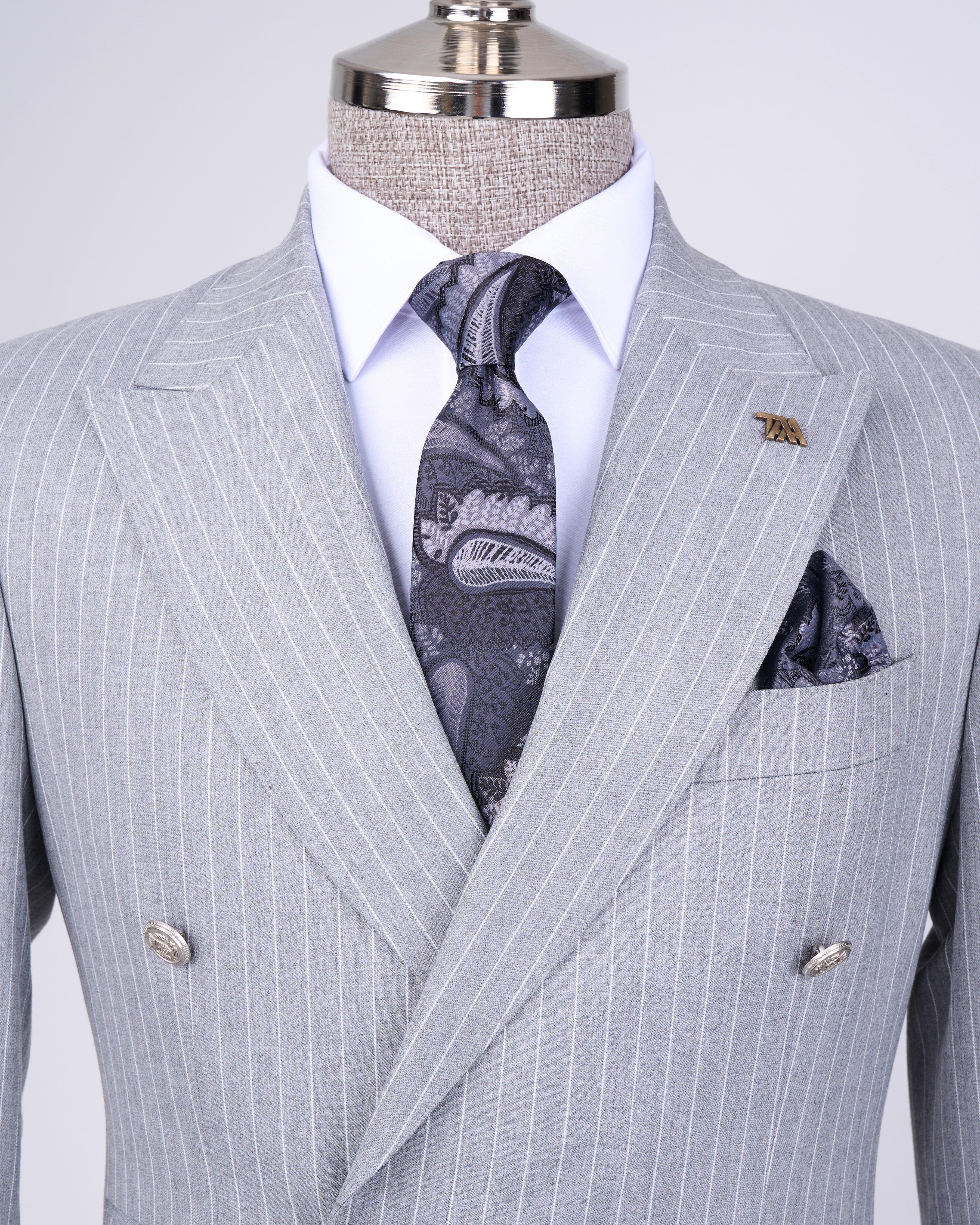 French Cuff Men's Ash Grey Stripe Double Breasted 2-Piece Suit (Limited Edition)