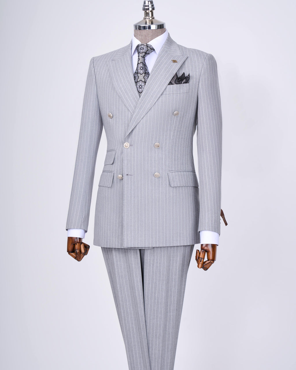 French Cuff Men's Ash Grey Stripe Double Breasted 2-Piece Suit (Limited Edition)