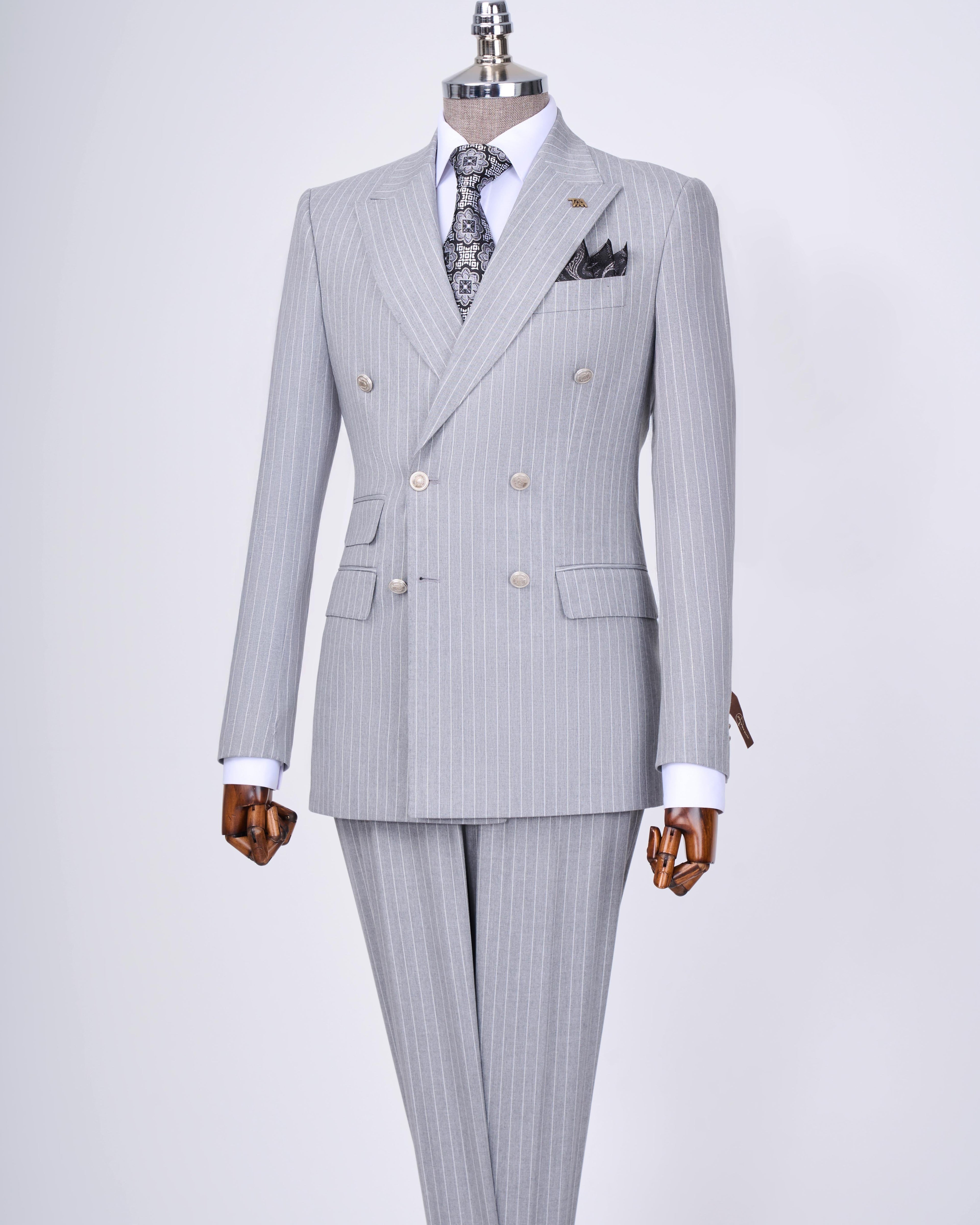 French Cuff Men's Ash Grey Stripe Double Breasted 2-Piece Suit (Limited Edition)