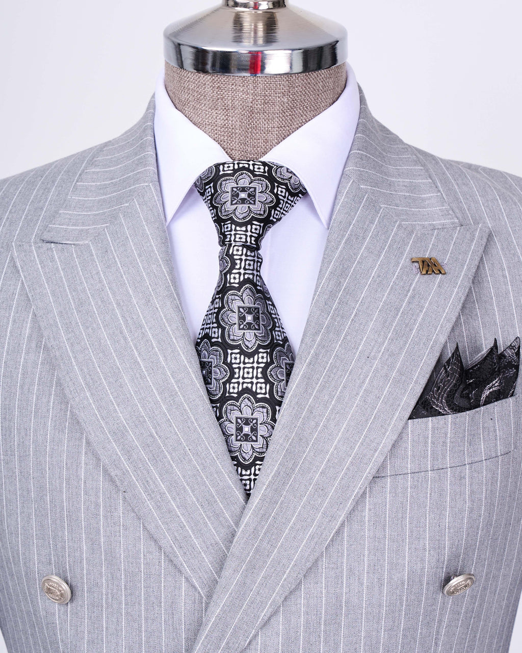 French Cuff Men's Ash Grey Stripe Double Breasted 2-Piece Suit (Limited Edition)