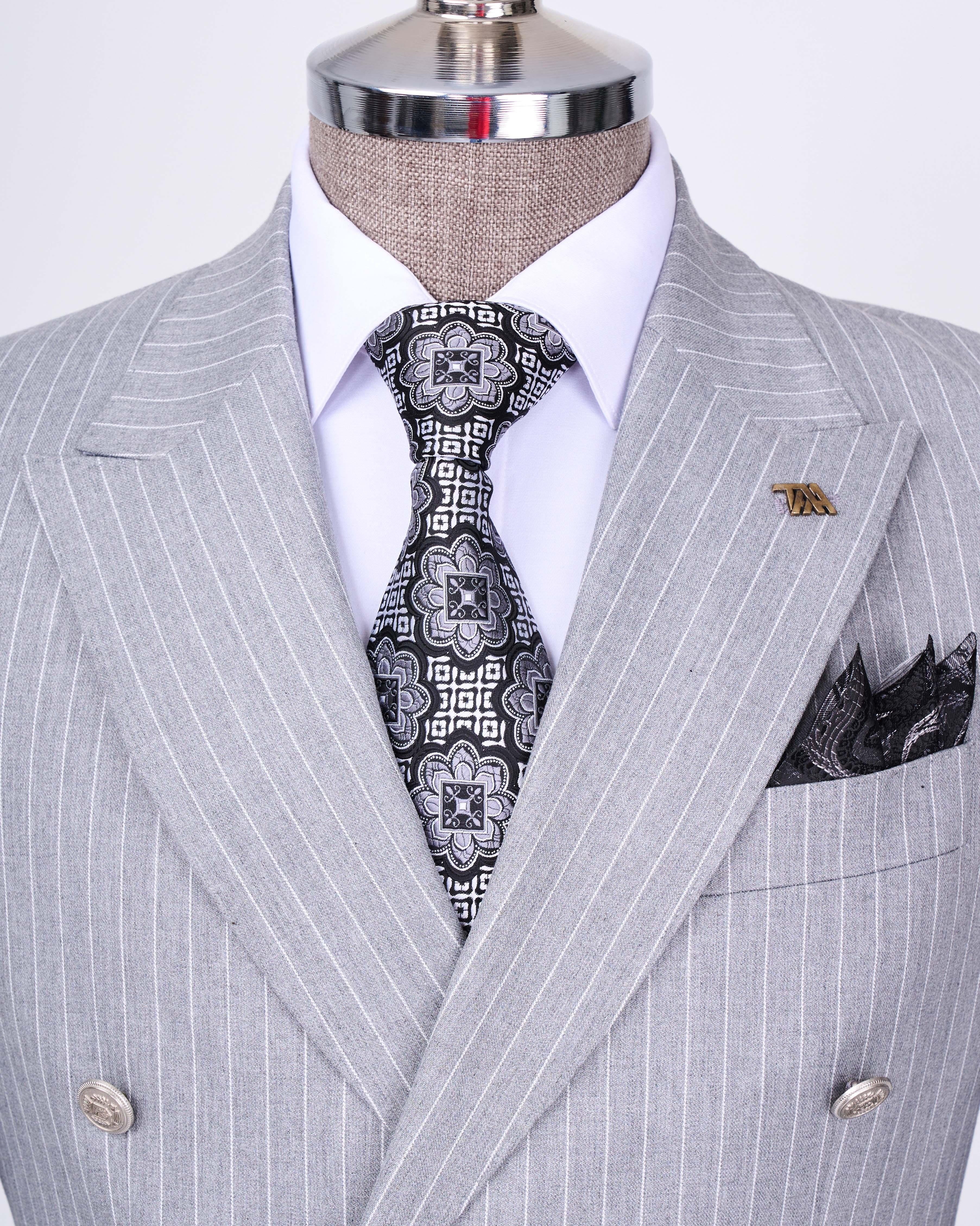 French Cuff Men's Ash Grey Stripe Double Breasted 2-Piece Suit (Limited Edition)