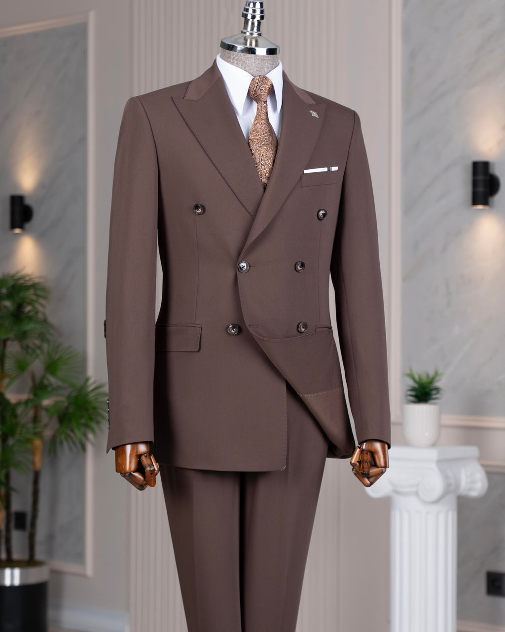 French Cuff Men's Brown Double Breasted 2-Piece Suit