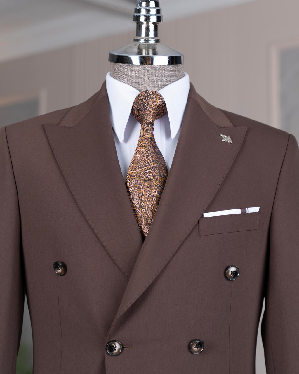 French Cuff Men's Brown Double Breasted 2-Piece Suit