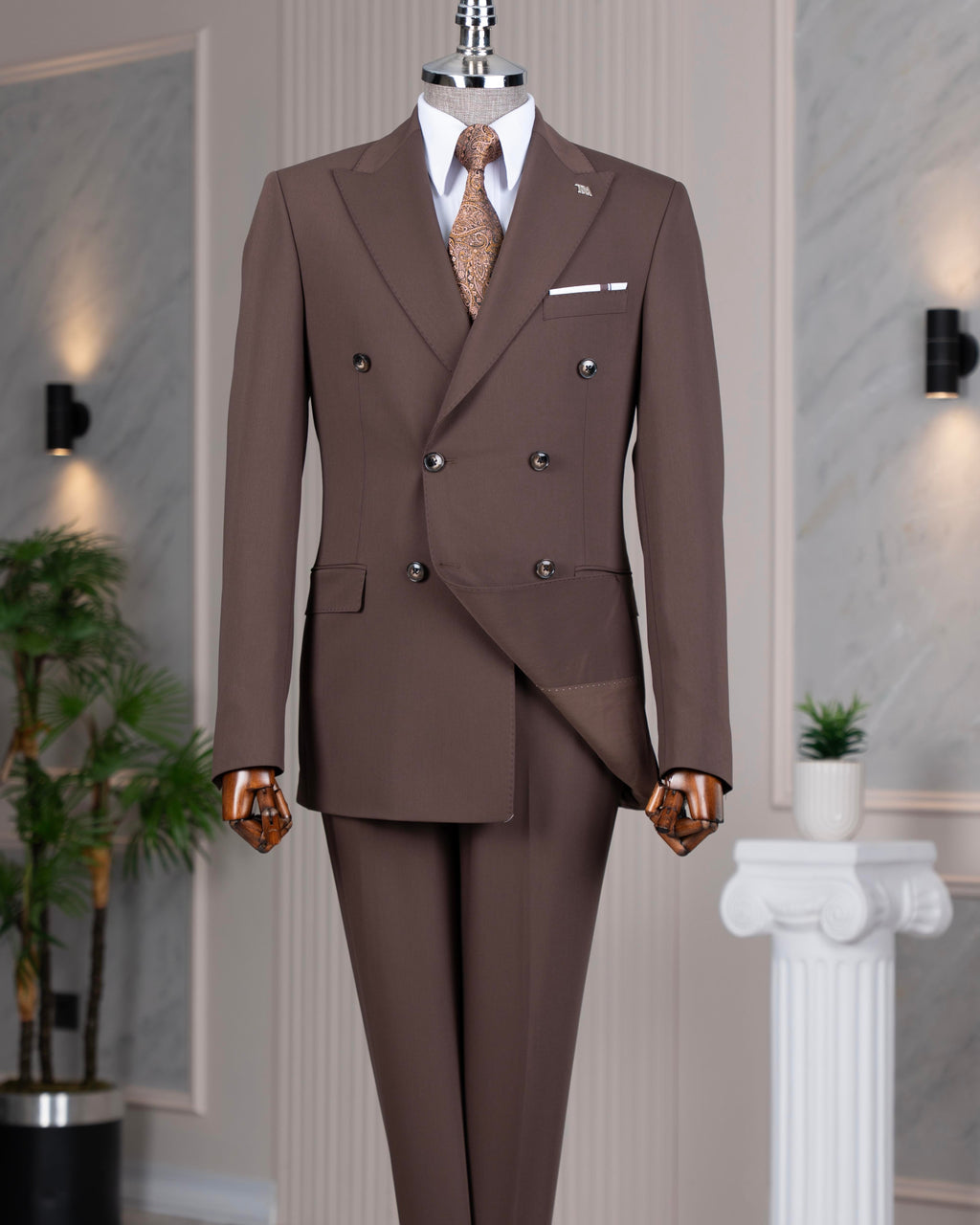 French Cuff Men's Brown Double Breasted 2-Piece Suit
