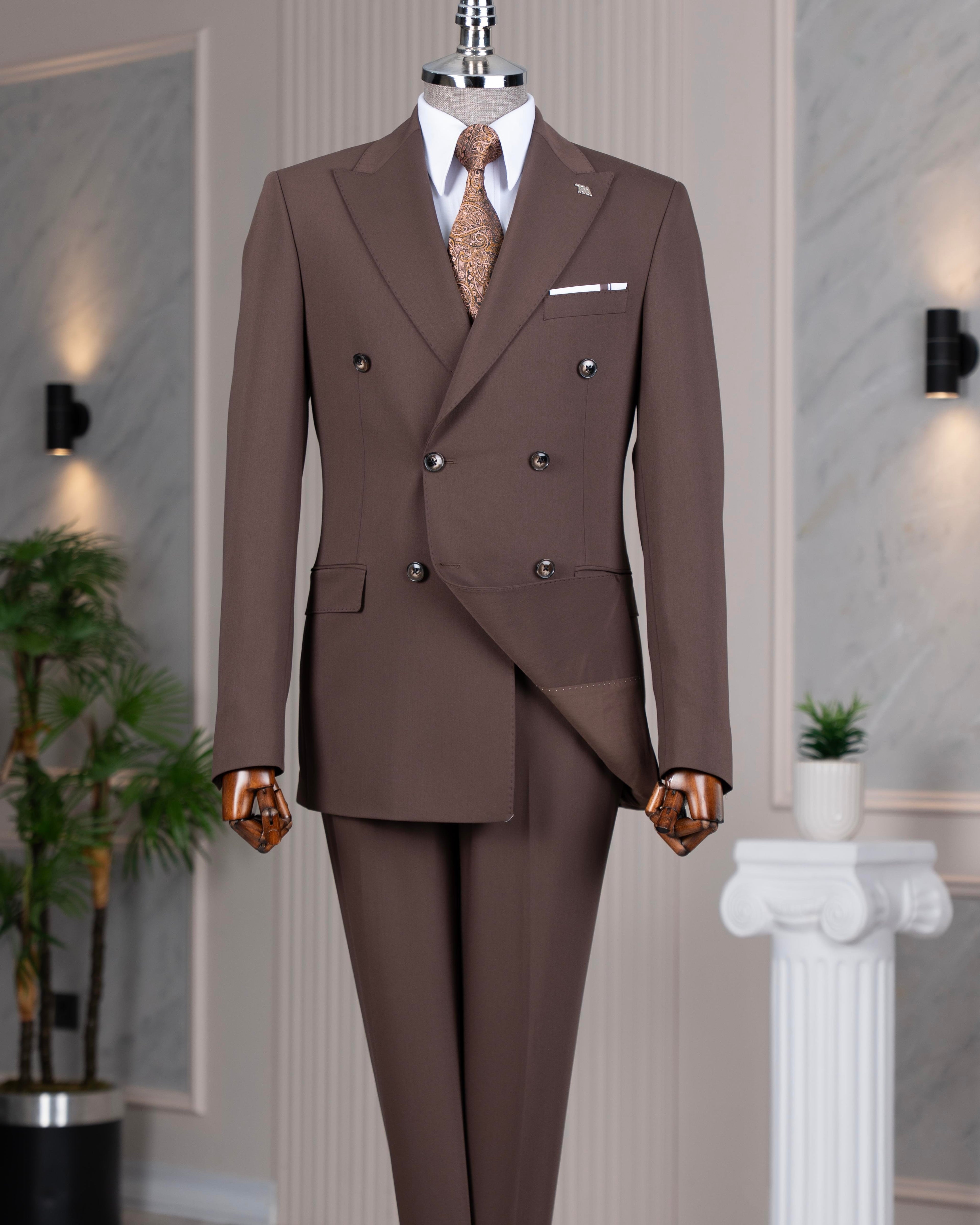 French Cuff Men's Brown Double Breasted 2-Piece Suit