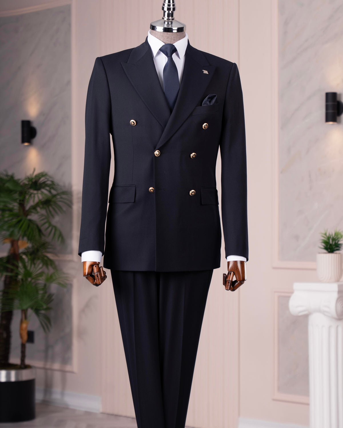French Cuff Men's Navy Double Breasted 2-Piece Suit