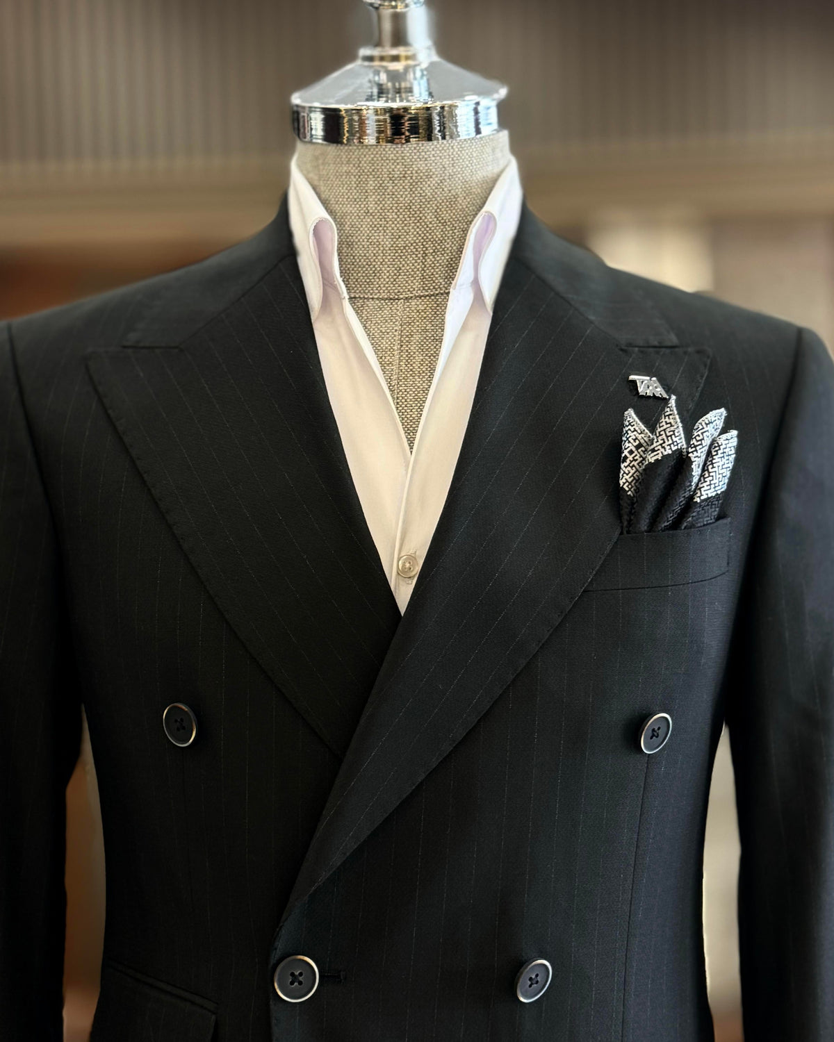 French Cuff Men's Navy Stripe Double Breasted 2-Piece Suit