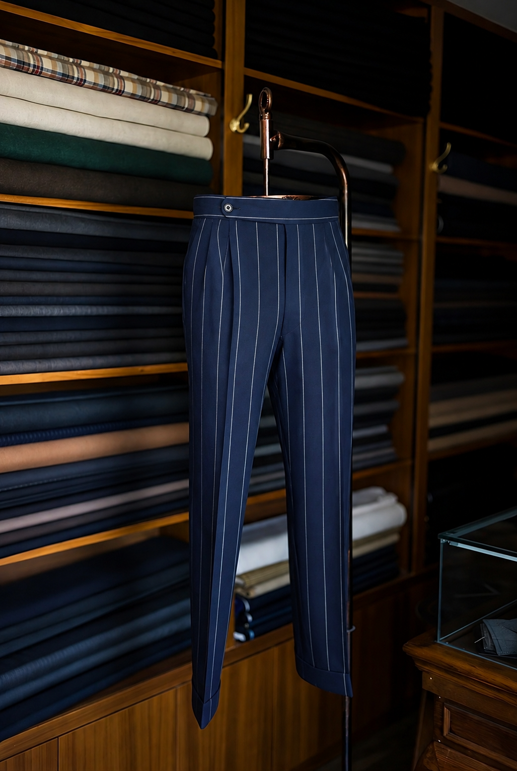 Imperial Navy Stripe Double Pleated Trousers For Men