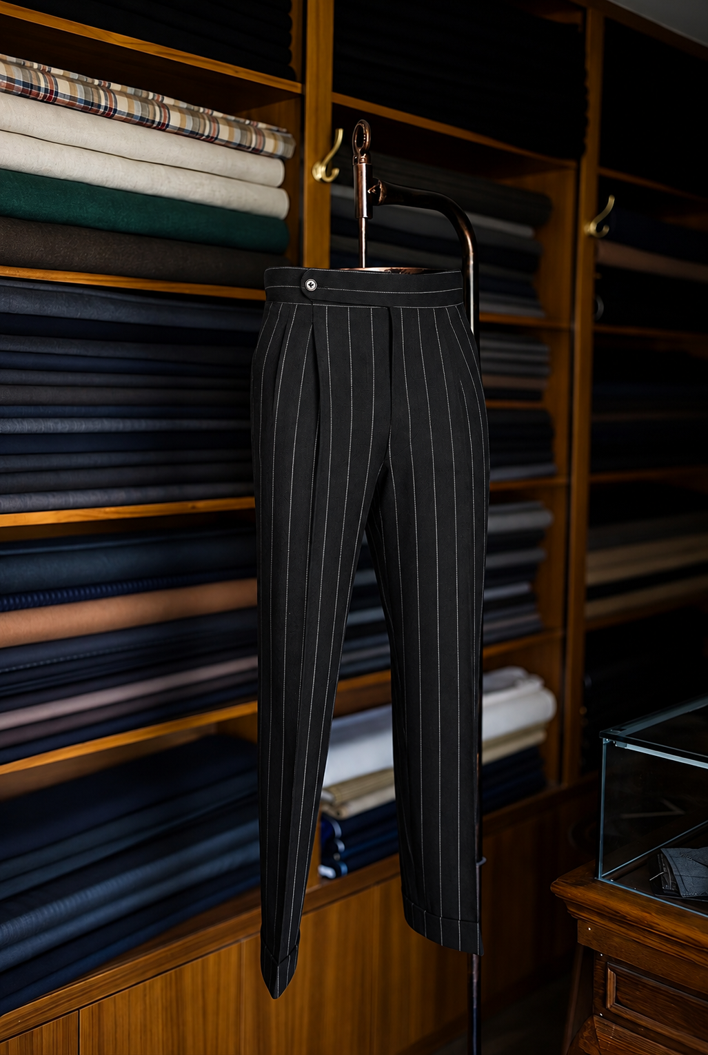 Imperial Black Stripe Double Pleated Trousers For Men