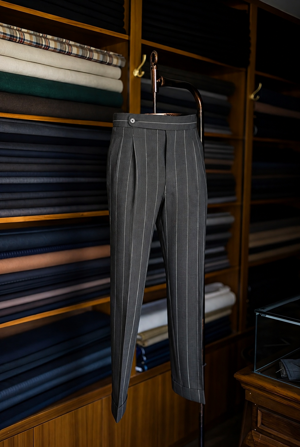 Imperial Gunmetal Stripe Double Pleated Trousers For Men