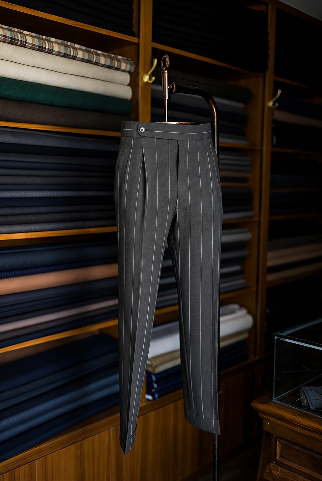 Imperial Gunmetal Stripe Double Pleated Trousers For Men