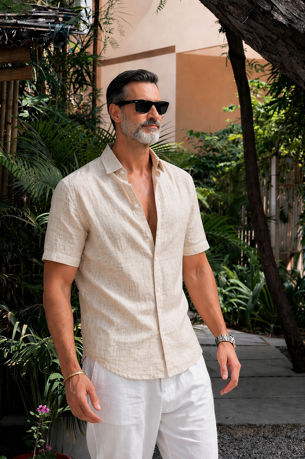 Half Sleeve Linen Pair For Men | Beige Linen Shirt with White Linen Pant