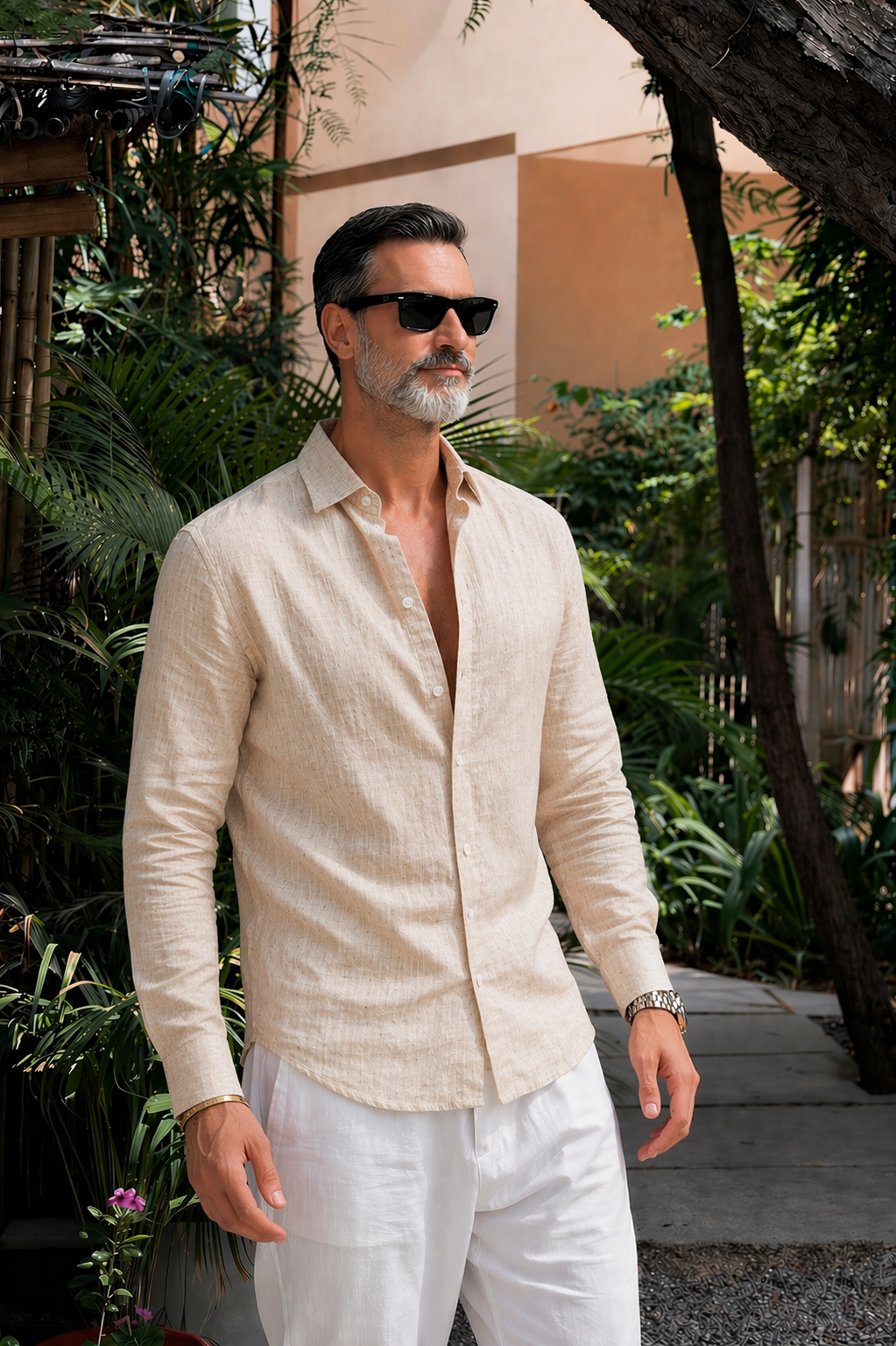 Full Sleeve Linen Pair For Men | Beige Linen Shirt with White Linen Pant