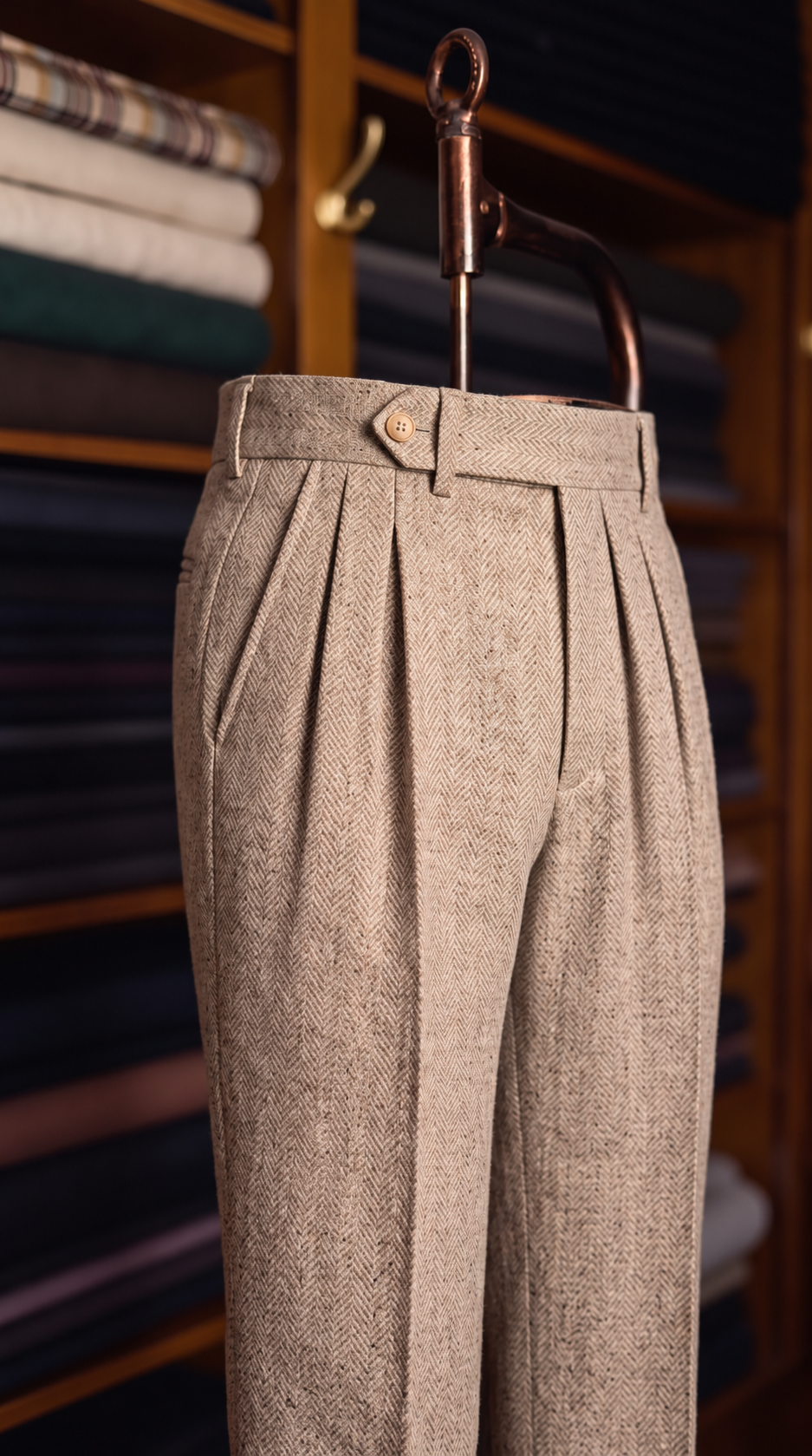 Viceroy Beige Herringbone Double Pleated Trousers for Men