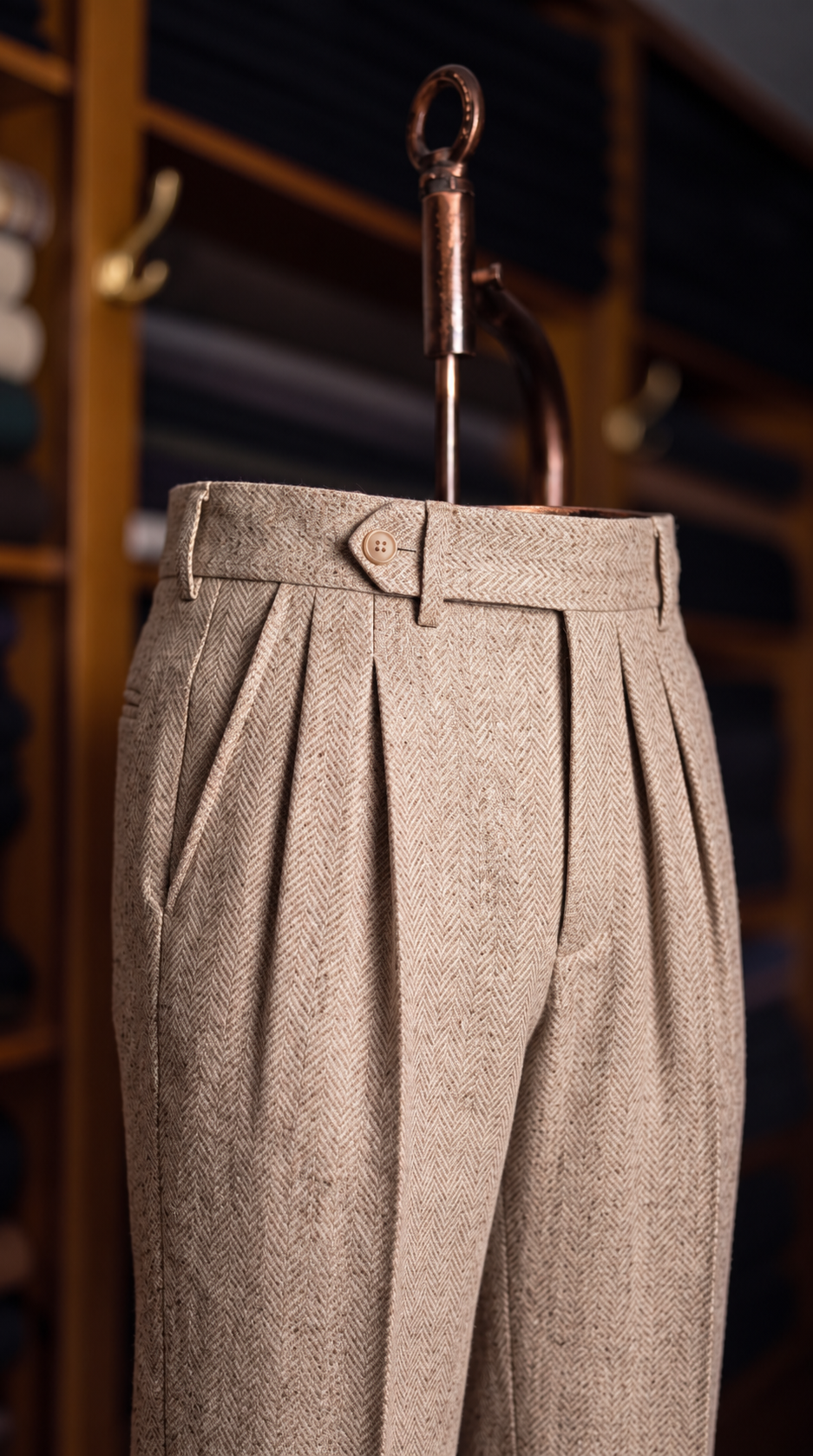 Viceroy Beige Herringbone Double Pleated Trousers for Men