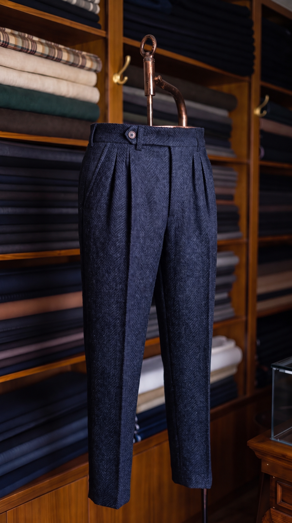 Viceroy Navy Herringbone Double Pleated Trousers for Men