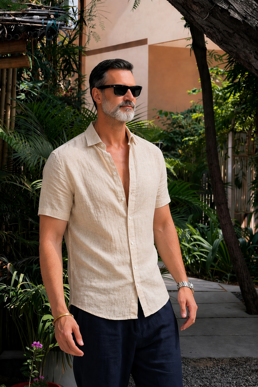 Half Sleeve Linen Pair For Men | Beige Linen Shirt with Navy Linen Pant