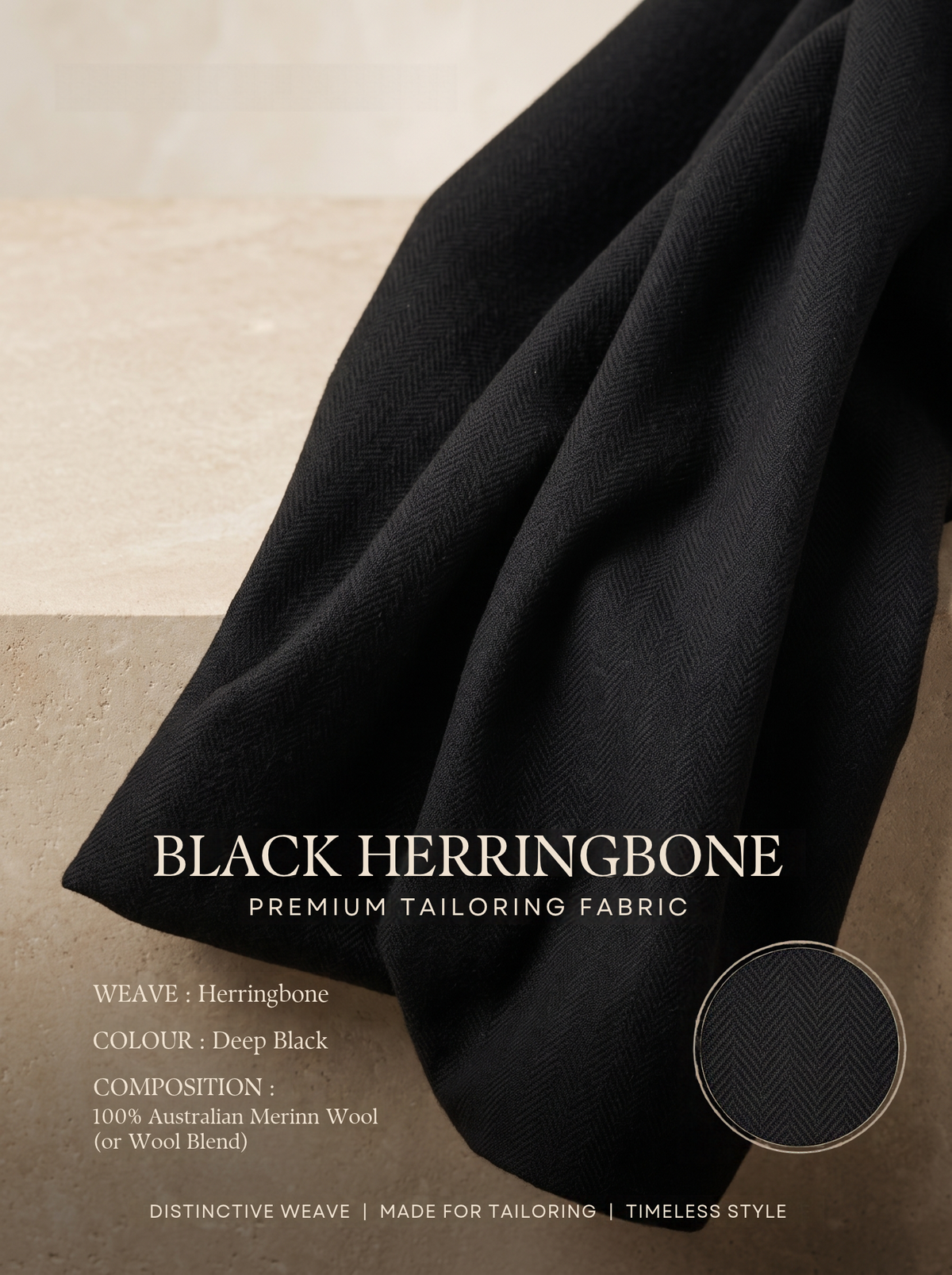 Luxury Black Herringbone Fabric | Premium Formal Wear Fabric